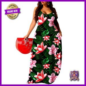 Plus Size Maxi Dress with Adjustable Straps and Pockets, Loose Fit